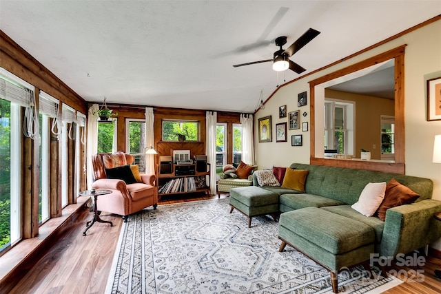 590 Claude Cook Rd, Sylva, NC 28779 - living area featuring wood finished floors, a ceiling fan, and lofted ceiling