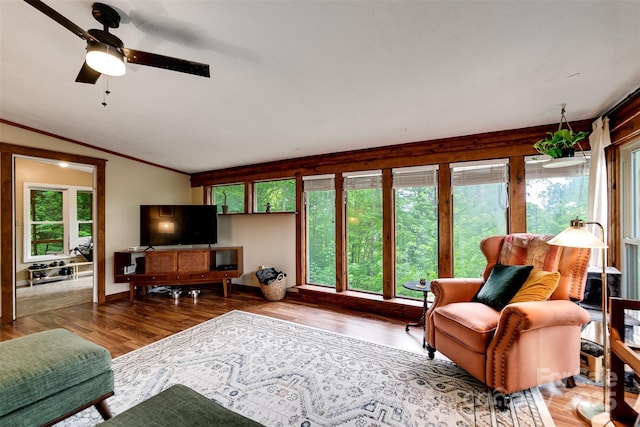 590 Claude Cook Rd, Sylva, NC 28779 - living room with plenty of natural light, wood finished floors, ceiling fan, lofted ceiling, and crown molding
