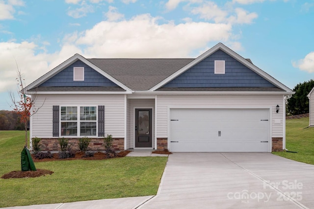 1066 Russell Dr, Winston Salem, NC 27127 - craftsman-style home featuring stone siding, concrete driveway, a front lawn, an attached garage, and a shingled roof