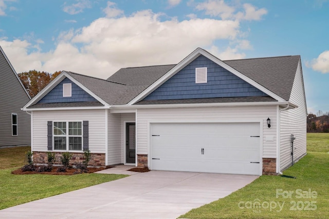 1066 Russell Dr, Winston Salem, NC 27127 - craftsman house featuring stone siding, an attached garage, a front yard, concrete driveway, and a shingled roof