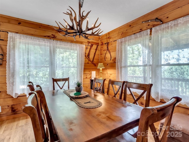1064 Point Of View Dr, Waynesville, NC 28785 - dining area with a chandelier, wood walls, and wood finished floors