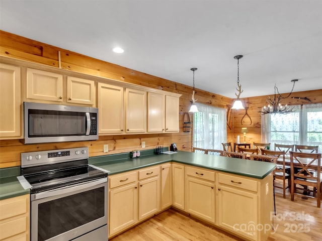 1064 Point Of View Dr, Waynesville, NC 28785 - kitchen with appliances with stainless steel finishes, light wood-style flooring, wood walls, plenty of natural light, and a peninsula