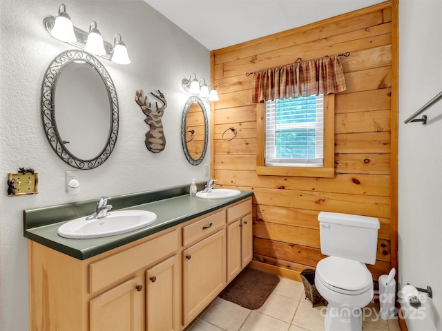 1064 Point Of View Dr, Waynesville, NC 28785 - bathroom featuring wood walls, double vanity, and tile patterned floors