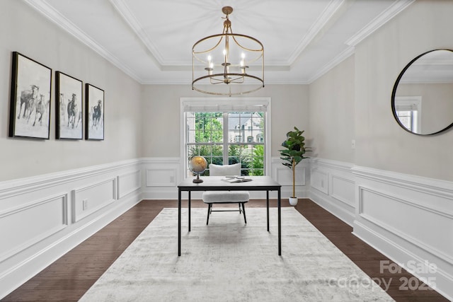 805 Hidden Pond Ln, Waxhaw, NC 28173 - office space with a raised ceiling, dark wood-style flooring, a chandelier, a wainscoted wall, and ornamental molding