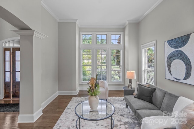 805 Hidden Pond Ln, Waxhaw, NC 28173 - living room with dark wood-style floors, ornamental molding, and decorative columns
