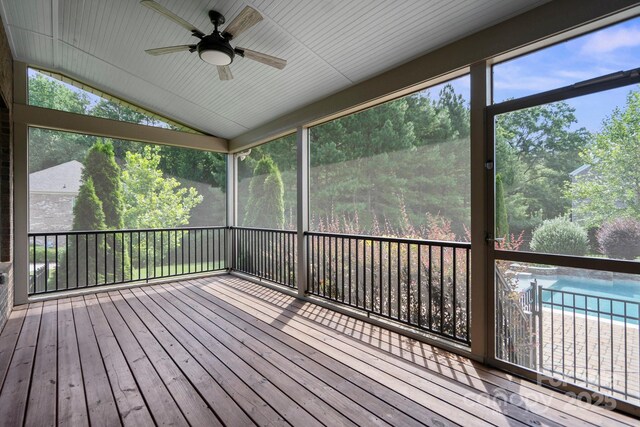 805 Hidden Pond Ln, Waxhaw, NC 28173 - unfurnished sunroom with a ceiling fan, vaulted ceiling, and healthy amount of natural light