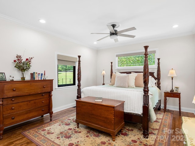 724 Moore Rd, Tryon, NC 28782 - bedroom featuring multiple windows, wood finished floors, crown molding, recessed lighting, and a ceiling fan