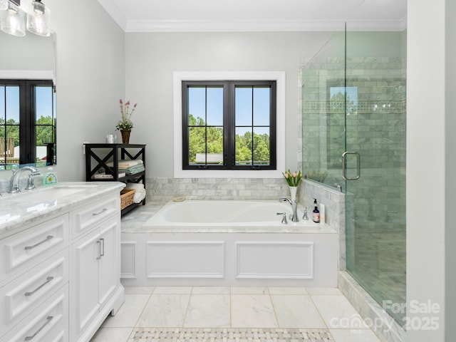 724 Moore Rd, Tryon, NC 28782 - bathroom with healthy amount of natural light, vanity, a garden tub, a stall shower, and crown molding