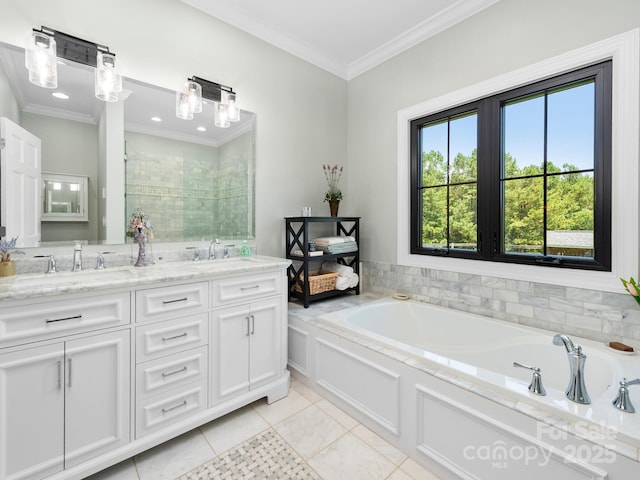 724 Moore Rd, Tryon, NC 28782 - bathroom featuring tile patterned floors, a garden tub, ornamental molding, double vanity, and tiled shower