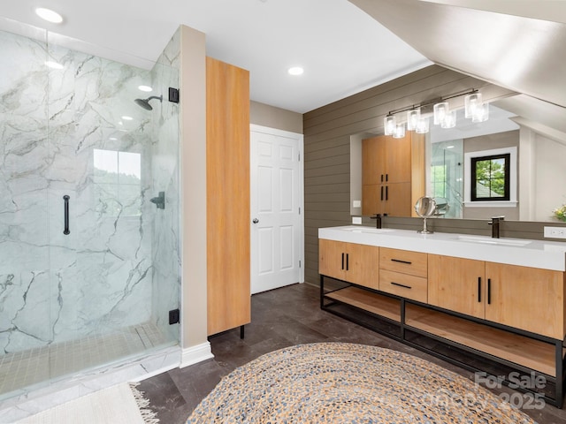 724 Moore Rd, Tryon, NC 28782 - bathroom with a marble finish shower, double vanity, and recessed lighting