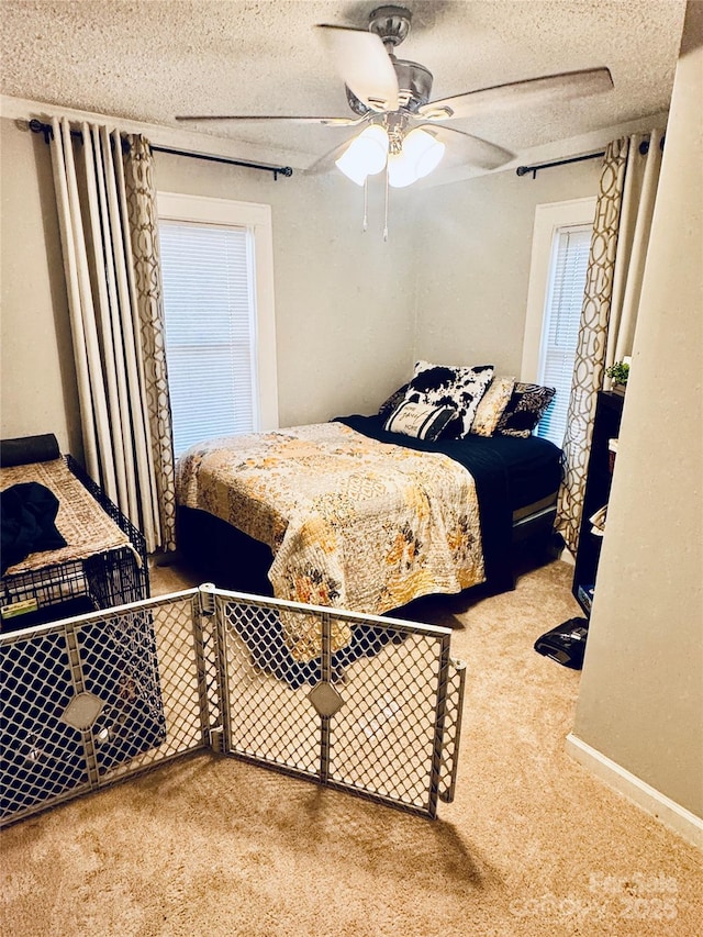 407 W Finger St, Maiden, NC 28650 - bedroom featuring multiple windows, carpet flooring, a textured ceiling, and a ceiling fan