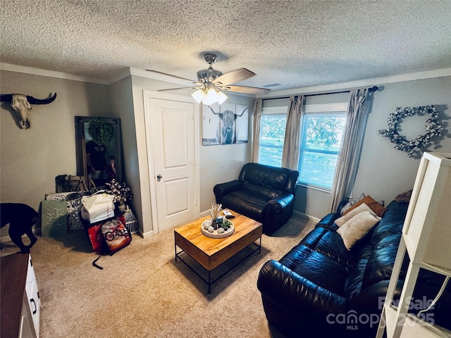 407 W Finger St, Maiden, NC 28650 - carpeted living area with a textured ceiling, ornamental molding, and a ceiling fan