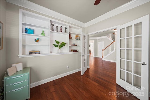 10420 Glenburn Ln, Charlotte, NC 28278 - hallway featuring ornamental molding, french doors, wood finished floors, and stairway