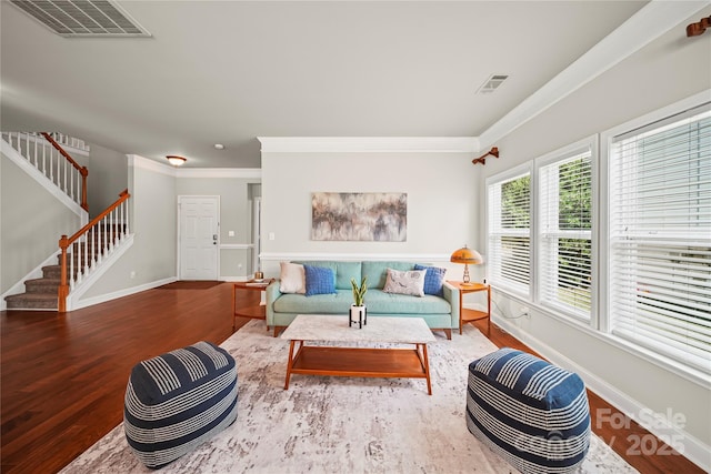 10420 Glenburn Ln, Charlotte, NC 28278 - living room featuring wood finished floors, stairway, and crown molding