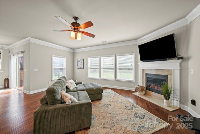 10420 Glenburn Ln, Charlotte, NC 28278 - living area with ceiling fan, wood finished floors, ornamental molding, and a premium fireplace