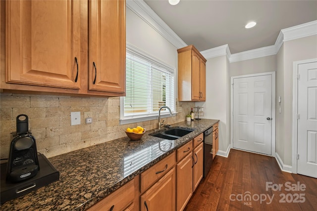 10420 Glenburn Ln, Charlotte, NC 28278 - kitchen with ornamental molding, dark stone countertops, decorative backsplash, dark wood-type flooring, and black dishwasher