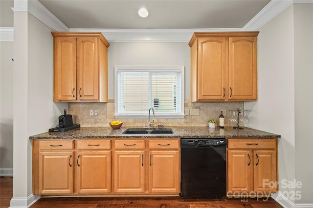 10420 Glenburn Ln, Charlotte, NC 28278 - kitchen featuring dishwasher, dark stone counters, backsplash, dark wood-style floors, and crown molding