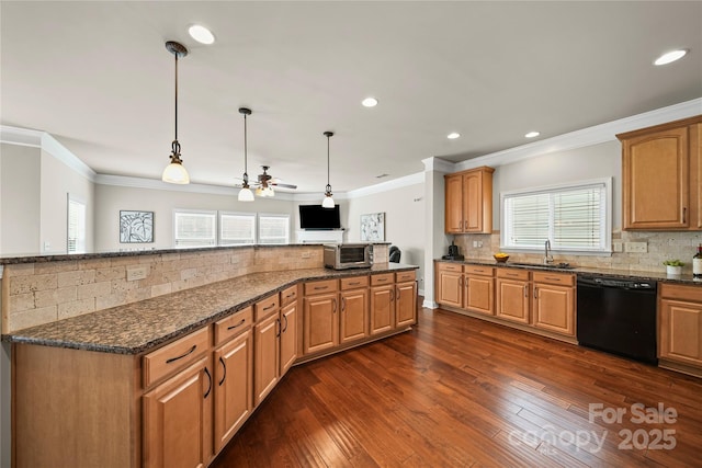 10420 Glenburn Ln, Charlotte, NC 28278 - kitchen featuring dishwasher, decorative backsplash, ceiling fan, dark wood-type flooring, and recessed lighting