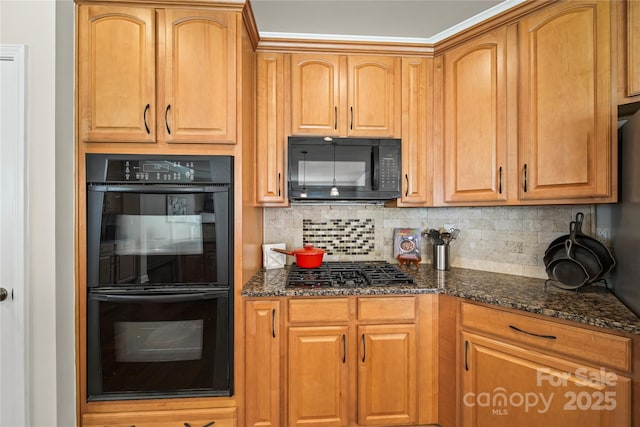 10420 Glenburn Ln, Charlotte, NC 28278 - kitchen with black appliances, dark stone counters, backsplash, and brown cabinets
