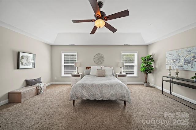 10420 Glenburn Ln, Charlotte, NC 28278 - carpeted bedroom featuring a tray ceiling and a ceiling fan