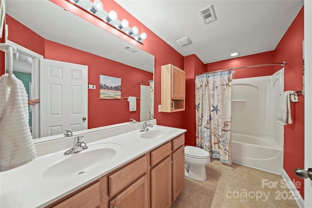 10420 Glenburn Ln, Charlotte, NC 28278 - full bathroom with double vanity, shower / bath combo with shower curtain, and tile patterned floors