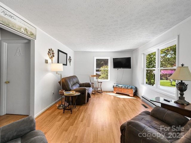 85 Pine Ridge Rd, Mars Hill, NC 28754 - living room with a textured ceiling, healthy amount of natural light, wood finished floors, ornamental molding, and a baseboard heating unit