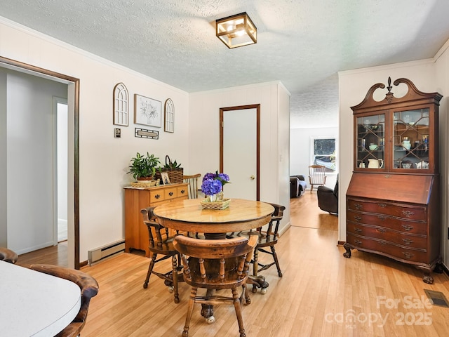 85 Pine Ridge Rd, Mars Hill, NC 28754 - dining space featuring a baseboard heating unit, a textured ceiling, light wood-style floors, and crown molding