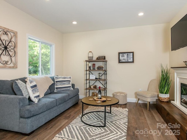 508 S Oconeechee Ave Unit 1, Black Mountain, NC 28711 - living area with wood finished floors, a glass covered fireplace, and recessed lighting