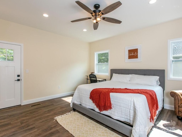 508 S Oconeechee Ave Unit 1, Black Mountain, NC 28711 - bedroom featuring multiple windows, recessed lighting, wood finished floors, and a ceiling fan
