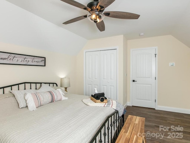 508 S Oconeechee Ave Unit 1, Black Mountain, NC 28711 - bedroom with lofted ceiling, wood finished floors, a closet, and a ceiling fan