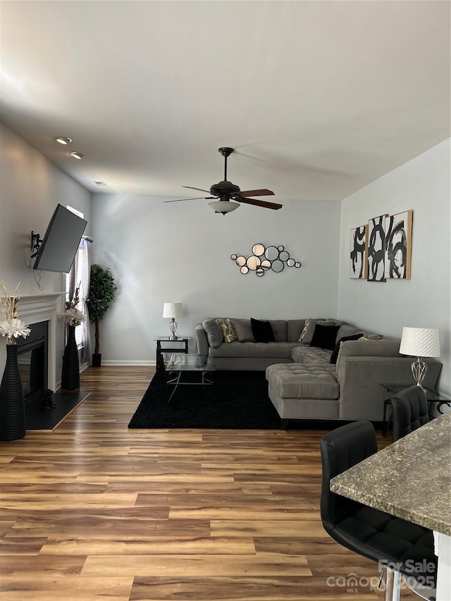 630 Springhouse Pl, Clover, SC 29710 - living room featuring wood finished floors, ceiling fan, and a glass covered fireplace