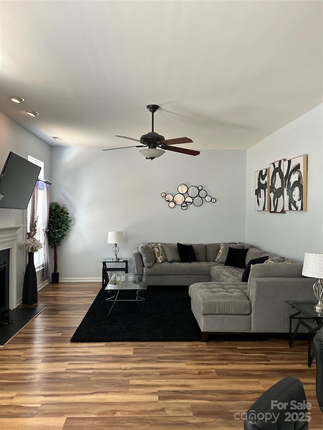 630 Springhouse Pl, Clover, SC 29710 - living room with wood finished floors, a ceiling fan, and a fireplace with raised hearth