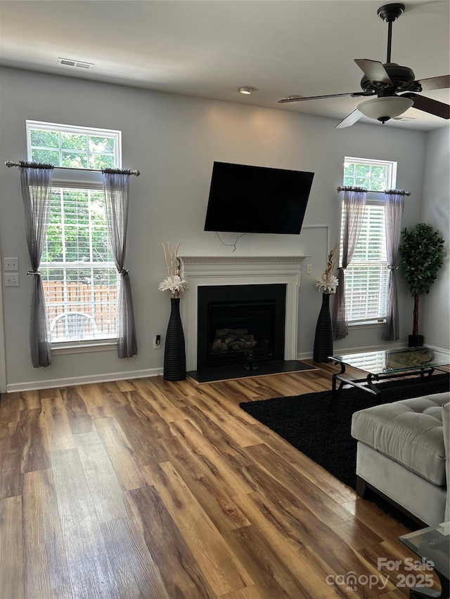 630 Springhouse Pl, Clover, SC 29710 - living room featuring a ceiling fan, wood finished floors, and a fireplace with flush hearth