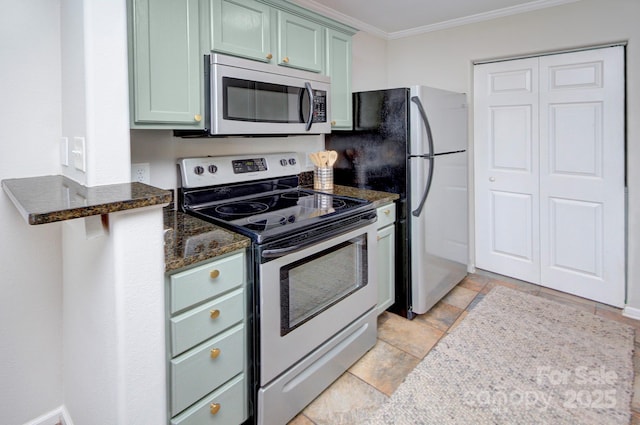 1075 Triece Ln, Charlotte, NC 28215 - kitchen featuring stainless steel appliances, green cabinetry, crown molding, and dark stone counters