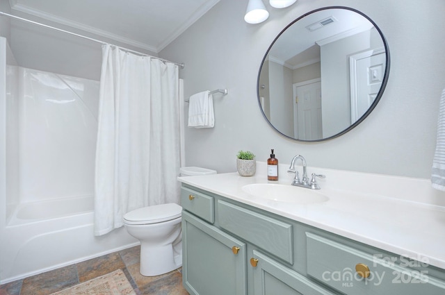 1075 Triece Ln, Charlotte, NC 28215 - full bath with ornamental molding, vanity, stone tile floors, and shower / tub combo with curtain