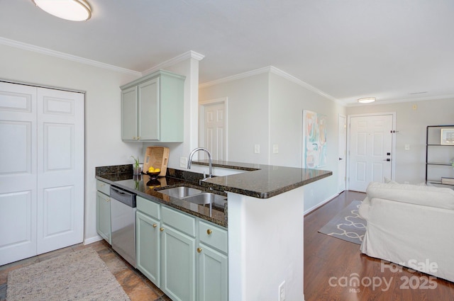 1075 Triece Ln, Charlotte, NC 28215 - kitchen featuring dishwashing machine, a peninsula, ornamental molding, dark stone counters, and open floor plan