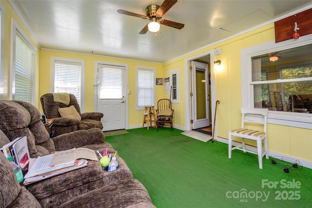 4720 Brevard Rd, Horse Shoe, NC 28742 - carpeted living room featuring ornamental molding and ceiling fan