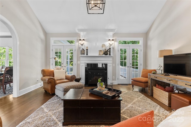 9012 Arrington Manor Pl, Charlotte, NC 28277 - living area with french doors, wood finished floors, arched walkways, a glass covered fireplace, and high vaulted ceiling