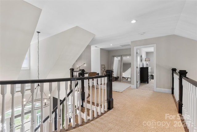 9012 Arrington Manor Pl, Charlotte, NC 28277 - hall with an upstairs landing, light colored carpet, recessed lighting, and lofted ceiling