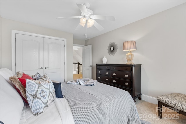 9012 Arrington Manor Pl, Charlotte, NC 28277 - bedroom with light colored carpet, a closet, and ceiling fan