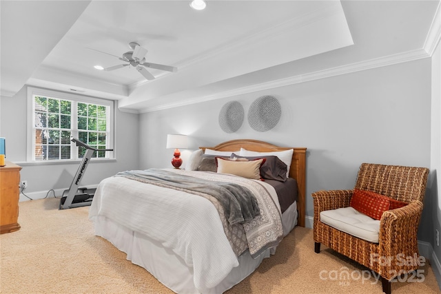 9012 Arrington Manor Pl, Charlotte, NC 28277 - bedroom with a raised ceiling, light colored carpet, crown molding, recessed lighting, and ceiling fan