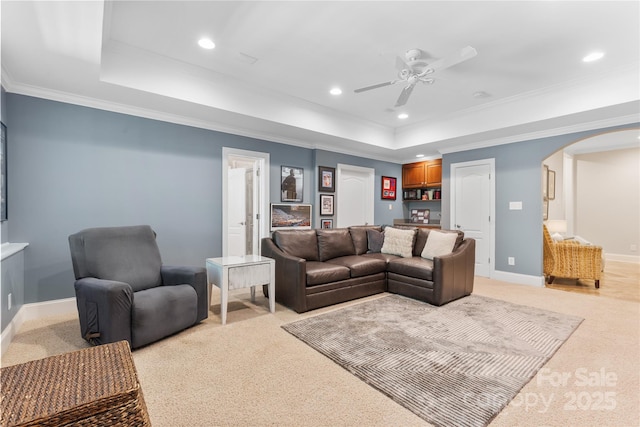 9012 Arrington Manor Pl, Charlotte, NC 28277 - living area featuring arched walkways, a raised ceiling, light carpet, ceiling fan, and recessed lighting