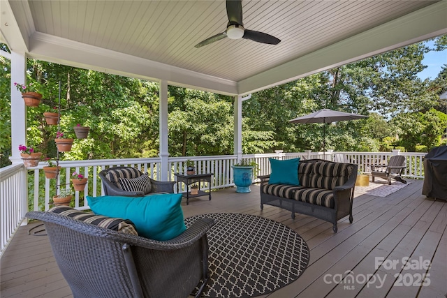 9012 Arrington Manor Pl, Charlotte, NC 28277 - wooden terrace with an outdoor hangout area, ceiling fan, and a grill