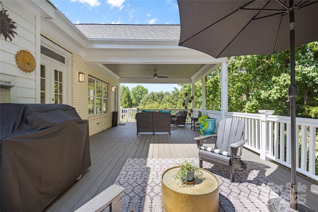 9012 Arrington Manor Pl, Charlotte, NC 28277 - wooden terrace featuring grilling area, ceiling fan, and outdoor lounge area