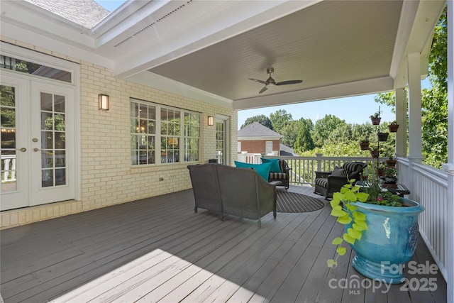 9012 Arrington Manor Pl, Charlotte, NC 28277 - wooden deck with french doors, an outdoor living space, and a ceiling fan