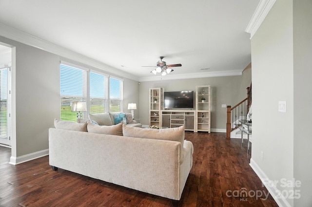 2006 Paddington Dr, Indian Trail, NC 28079 - living room with ornamental molding, a ceiling fan, dark wood-type flooring, and stairs