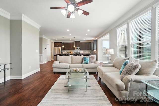 2006 Paddington Dr, Indian Trail, NC 28079 - living area featuring ornamental molding, recessed lighting, ceiling fan, and dark wood-type flooring