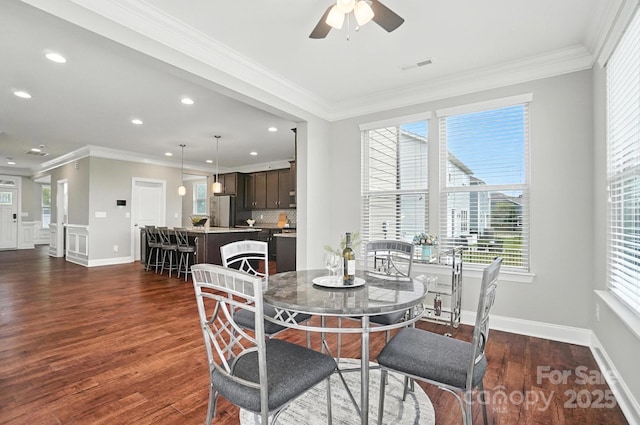 2006 Paddington Dr, Indian Trail, NC 28079 - dining area featuring ceiling fan, recessed lighting, ornamental molding, and dark wood-style flooring