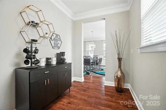 2006 Paddington Dr, Indian Trail, NC 28079 - hallway featuring dark wood-style floors, healthy amount of natural light, crown molding, and a chandelier