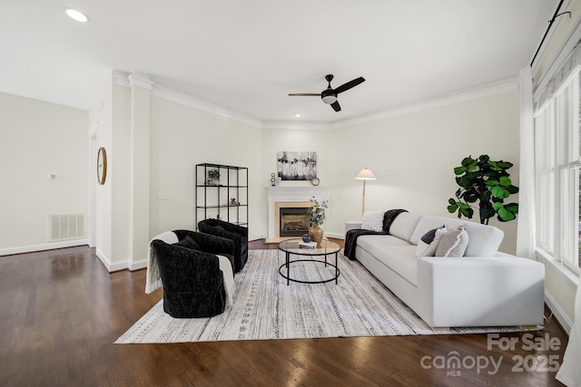 1855 Second Baxter Xing, Fort Mill, SC 29708 - living room featuring a ceiling fan, wood finished floors, recessed lighting, a fireplace with raised hearth, and crown molding